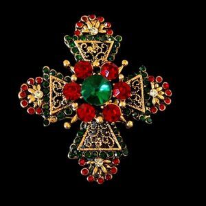 PARIS Brooch Metallic Filigree and Stones Retro Jewel Tones 2x2.5"‎